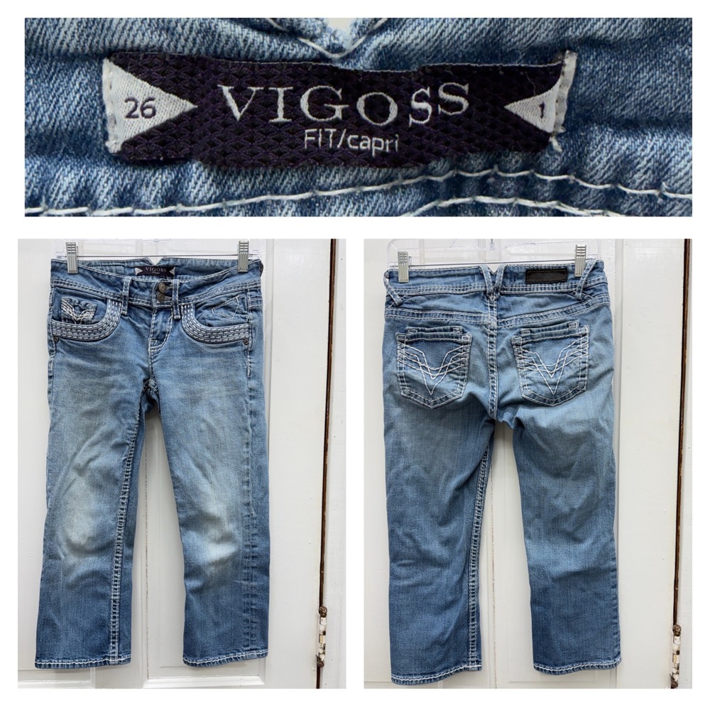 Vigoss Womens 26 Thick Stitch Embroidered Denim Jean Capri Capris Y2K Boho